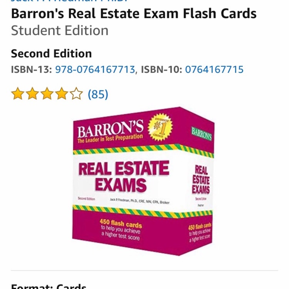 Flash cards, study guide book for RE exam